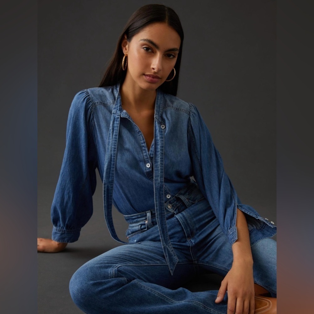 Anthropologie x Pilcro Denim Cotton Tie Neck Blouse Blue Sz. XS